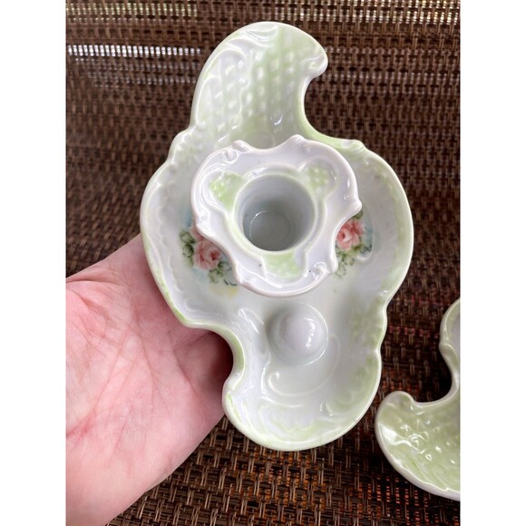 Cottagecore Candle Holder Pair w/ Snuffer Green  & White Victorian Style - Picture 8 of 8